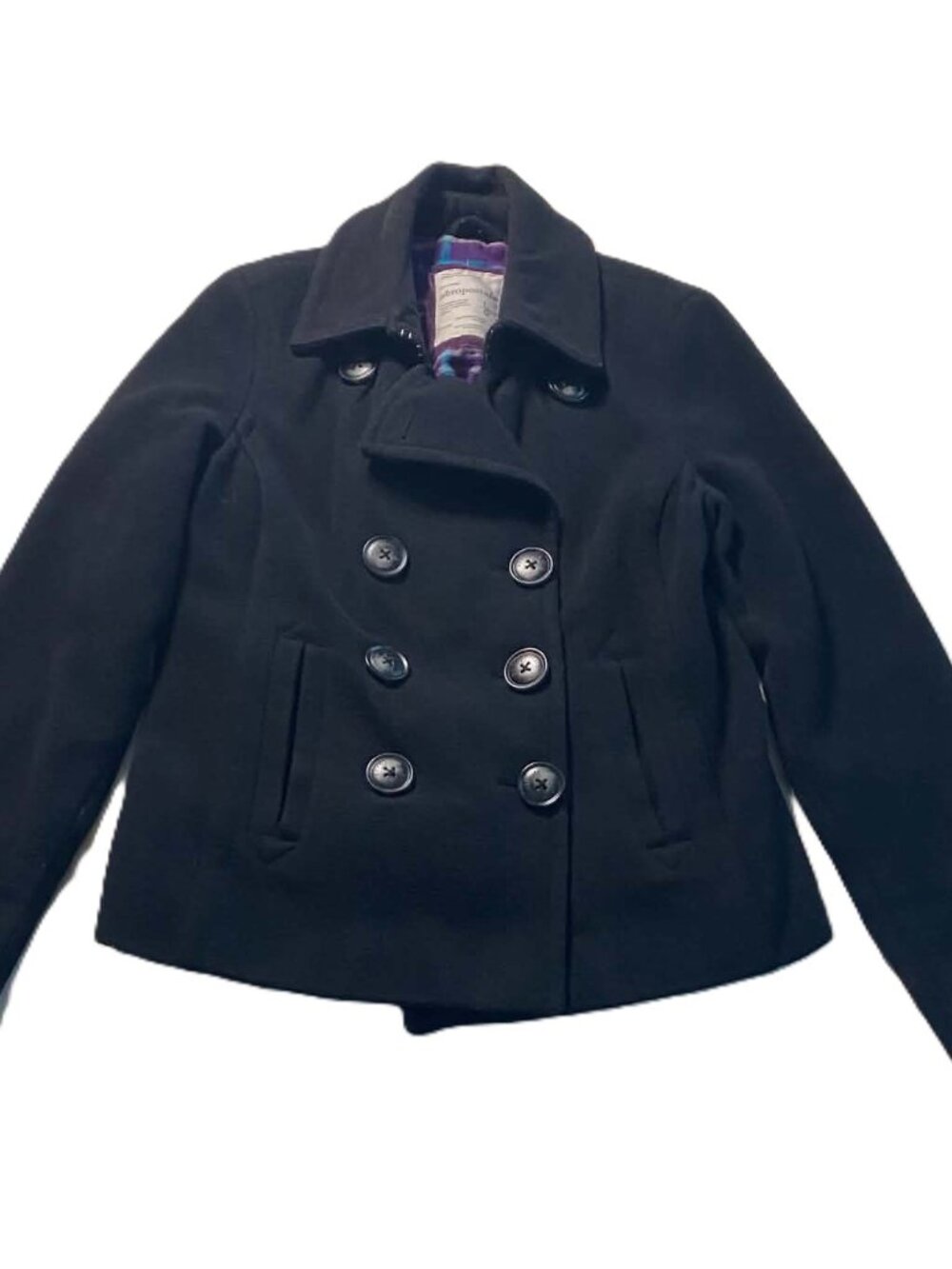 Aéropostale Pea Coat Women's L Black Wool Blend Double Breasted Plaid Lined
